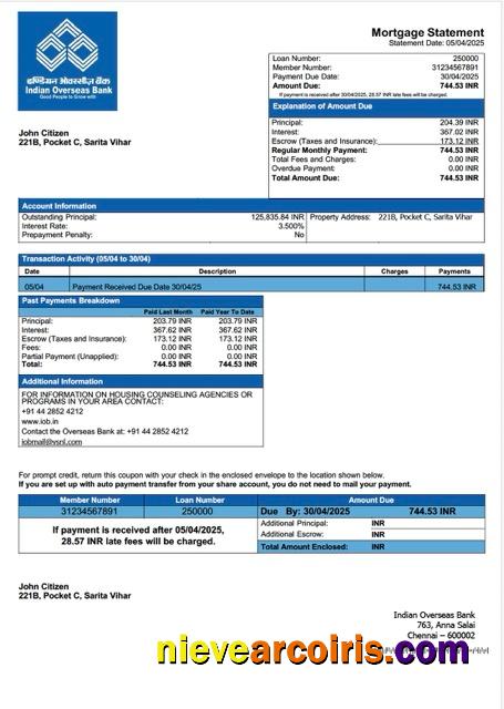 Indian Overseas Bank mortgage statement Word and PDF template